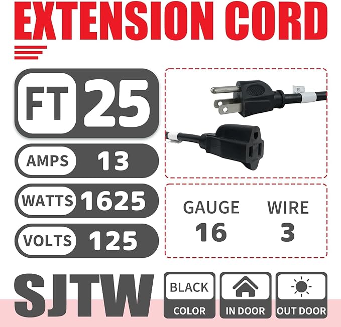 EP 25FT Black Outdoor Extension Cord, 16/3 SJTW Heavy Duty Waterproof, 3 Prong Grounded Plug, 13A 1625W 16AWG, Cold-Resistant Flexible Power Cable for Garden, Home, Christmas Lights