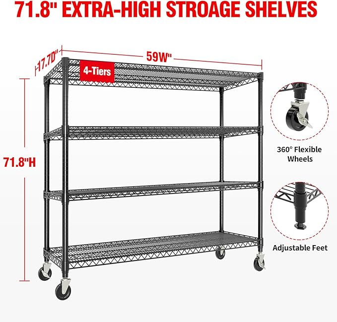 Metal Storage Shelving Units on Wheels, Storage Shelves 4-Tier Wire Rack Shelving for Garage, Heavy Duty 2640LBS Capacity, 72" H X 59 W X18 D Adjustable Shelf for Basement, Pantry, Kitchen