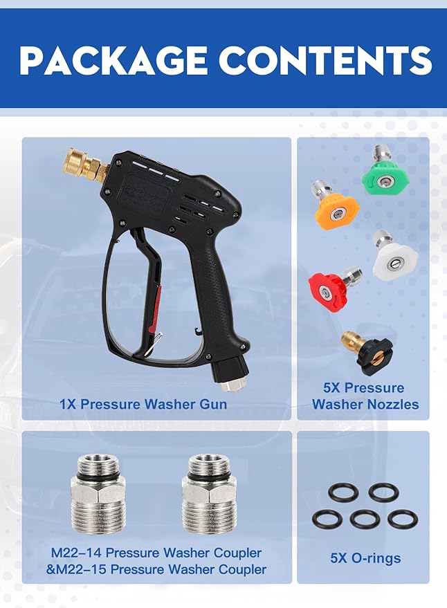 Short Pressure Washer Gun, 5000 PSI Max Swivel High Pressure Washer Extension Wand with 5 nozzles, M22 14MM Swivel Connect & M22 15MM, Car Wash Kit Power Washer Gun for Cars, Driveway, Yard, Fence