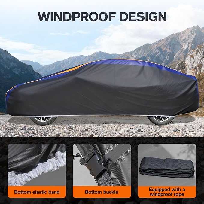 DINGHAO Car Cover Waterproof All Weather with Hot Stitching for Automobiles,6 Layers Outdoor Full Exterior Cover Sun UV Rain Snow Wind Protection Fit for 193"(193 * 73 * 59 inch) Sedan