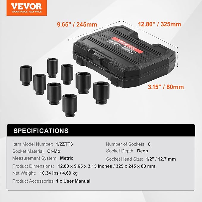 VEVOR Axle Nut Impact Socket Set, 1/2" Drive Deep 12-Point 8-Piece Metric Spindle Socket Set, CR-MO Heat Treated Large Socket Set with Storage Case, Auto Repair, Removing or Installing Axle Nuts