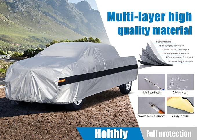 10 Layers Truck Cover Waterproof All Weather. Pickup Truck Cover Rain Snow UV Dust Protection. Length: 230-242 inches, Universal Fit for Ford F150 Chevy Silverado Dodge Ram 1500.