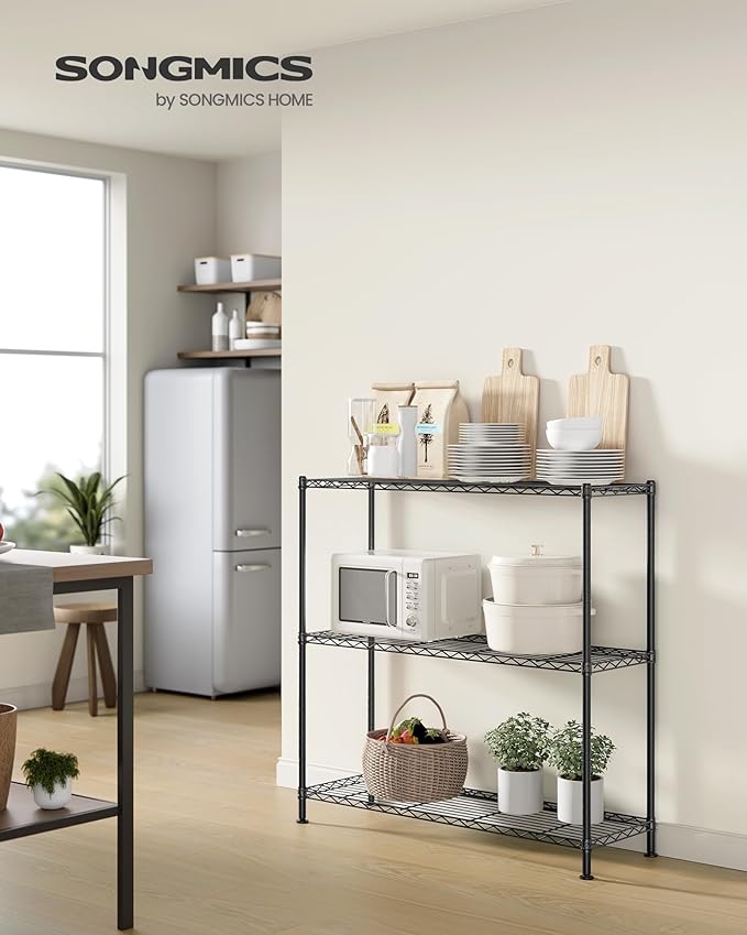 SONGMICS Storage Shelf, Metal Wire Shelving Unit, Adjustable Shelves, for Garage, Bedroom, Living Room, Kitchen, Pantry, 3 Tier, 11.8 x 35.4 x 35.4 Inches, Ink Black ULGR193BH01S