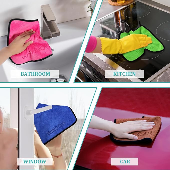 Microfiber Cleaning Cloth Set - 12 Pack Microfiber Towel 12"x12" with Printed Use Labels, Color-Coded Dish Rags Cleaning Towels, Reusable Rags for House, Kitchen, Car, Bathroom, Outdoor