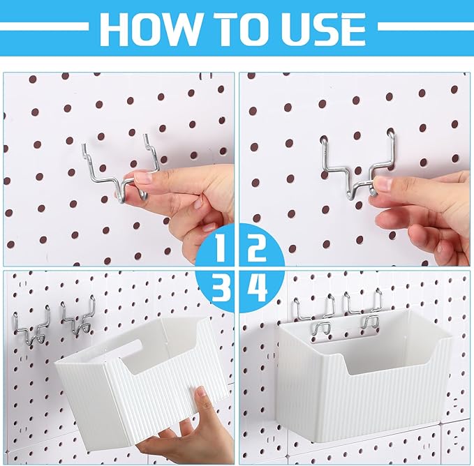 Suzile 4 Pcs Pegboard Bins Plastic Bins Set 7.9 x 3.3 x 4.7'' Pegboard Containers with Metal Hooks Organizing Assortment Accessories for Organizing Storage Tools Storage Workbench Garage (White)