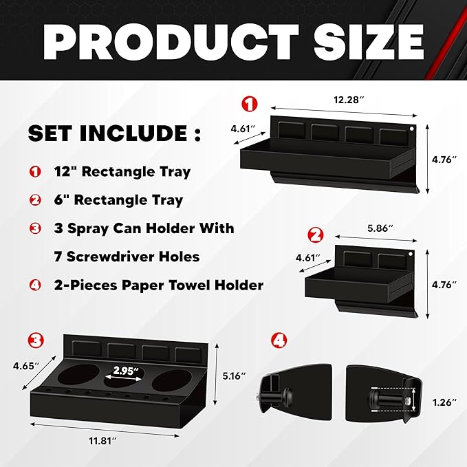 C&T 4-Piece Magnetic Toolbox Shelf, Tray and Holder Set, Magnetic Toolbox Tray Set, Tool Box for Cabinet Side Shelf Storage Van Workshop, Tool Organization and Storage