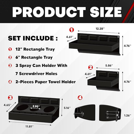 C&T 4-Piece Magnetic Toolbox Shelf, Tray and Holder Set, Magnetic Toolbox Tray Set, Tool Box for Cabinet Side Shelf Storage Van Workshop, Tool Organization and Storage