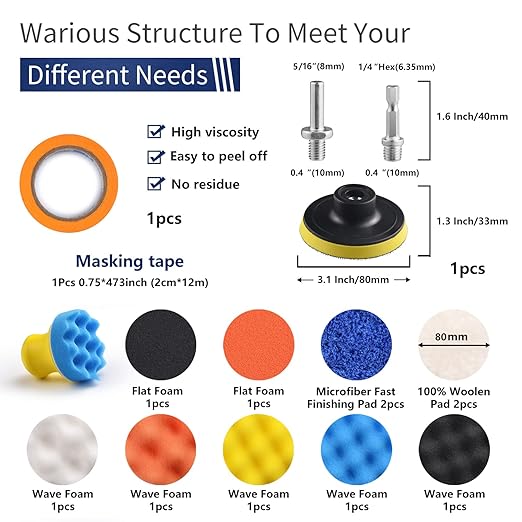 120Pack 3 Inch Polishing Pad for Drill Sanding Attachment Variety Kit with 5/16" and 1/4" Shanks for Car Buffer Polisher Waxing Sealing Glaze, Sanding Pads Includes 80-3000 Grit