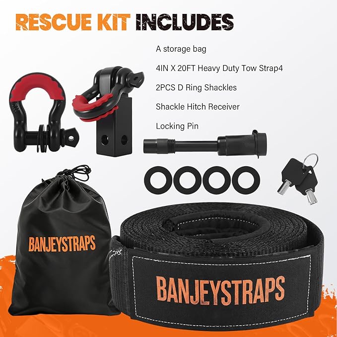 45,000 lb Complete Recovery Kit - 4" x20' Heavy Duty Tow Strap & 2" Receiver Shackle with D-Rings & Locking Pin, Includes Storage Bag for Truck, SUV, Jeep & Off-Road Vehicle Emergency