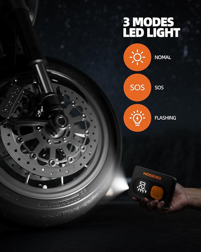 EBOSSOM Tire Inflator Portable Air Compressor Cordless Bike Pump with Digital Dual Values Display, 130 PSI Car Tires Pump with LED Lights Air Pump for Bikes, Motorcycles, Balls（15cm Car Air Hose）