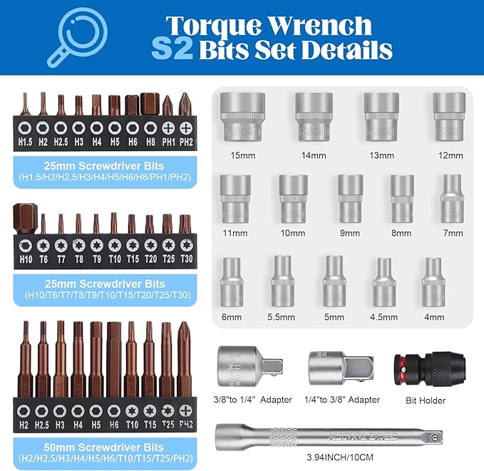 1/4" 50 PCS Torque Wrench Set, 3-25Nm 72 Tooth Drive Click Torque Wrench Set with S2 Bit Sockets, 1/4" Extension Bar and 3/8" Adapter, Used for Bicycle Maintenance and DIY