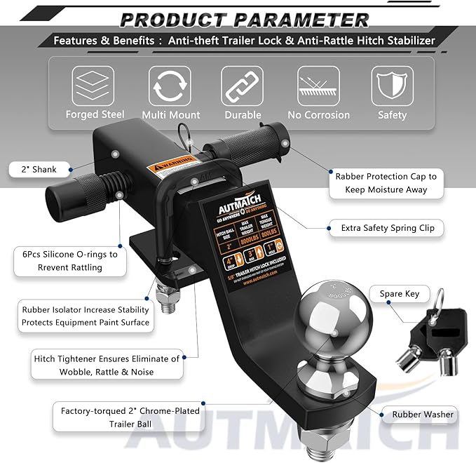 AUTMATCH Trailer Hitch Ball Mount with 2 Inch Hitch Ball - Fits 2" Receiver with Hitch Tightener, 8000Lbs Capacity Ball Hitch, 4-Inch Drop with 5/8" Hitch Lock Pin, Black