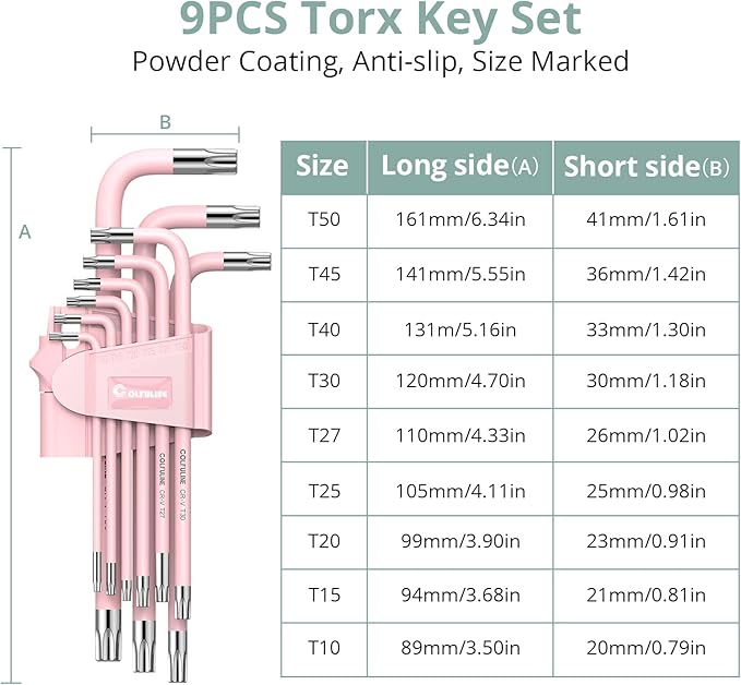 COLFULINE 18PCS PINK Allen Wrench Set, Metric Ball End Allen Key & Torx Key Set, Cr-V Star Hex Key Set for Women, Size T10-T50 & 1.5-10mm with Size-marked for Best Gifts and Home Repair
