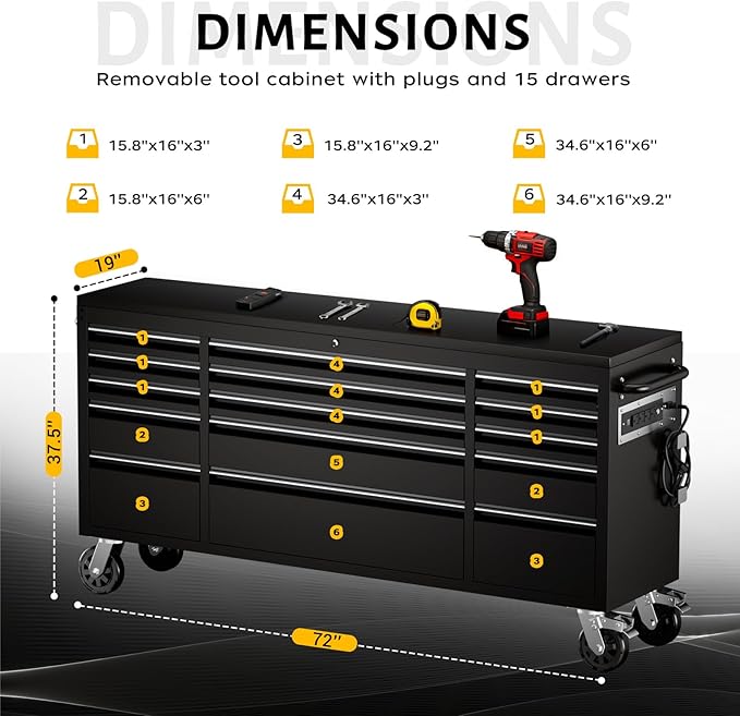 CHETTO C 72-inch Rolling Tool Chest Cabinet Mobile Workbench with 15 Storage Drawers and Wheels, Outlet Black Tool Box for Garage