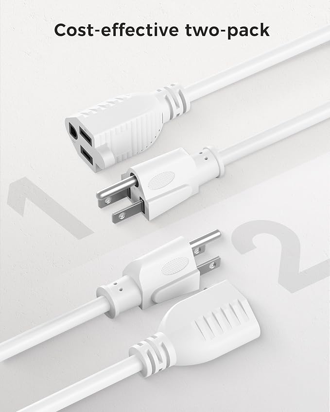 [ETL Listed] Cable Matters 2-Pack 16 AWG Heavy Duty 13A Power Extension Cord - 10ft, 3 Prong Power Cord Extension, NEMA 5-15P to NEMA 5-15R, White