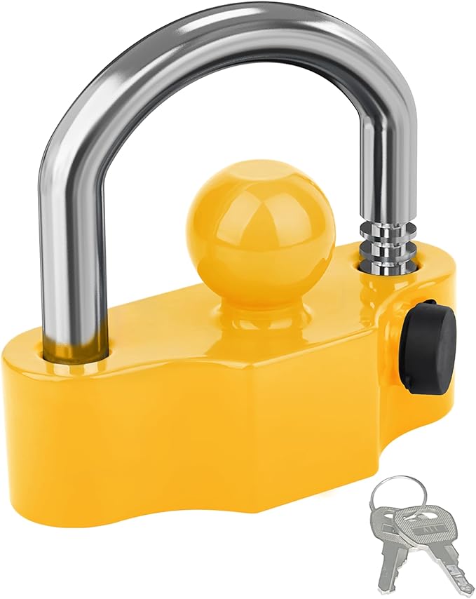 DEEAGLE Trailer Ball Coupler Lock, Heavy Duty Trailer Ball Hitch Lock Fits 1-7/8 Inch, 2 Inch, 2-5/16 Inch Couplers, Hitch Lock with Keys, Yellow