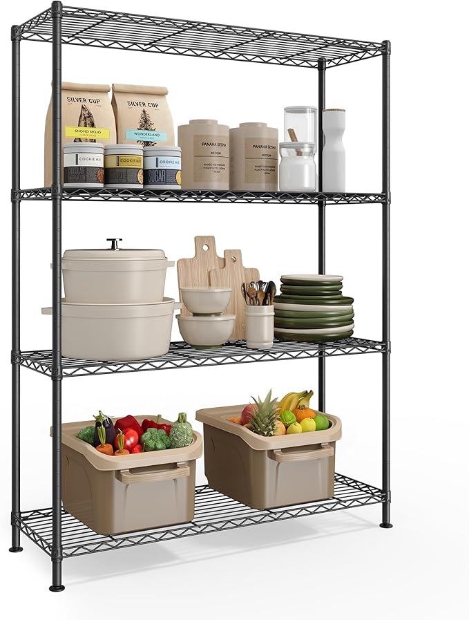 SONGMICS Storage Shelf, Metal Wire Shelving Unit, Adjustable Shelves, for Garage, Bedroom, Living Room, Kitchen, Pantry, 4 Tier, 11.8 x 35.4 x 47.6 Inches, Ink Black ULGR194BH01S