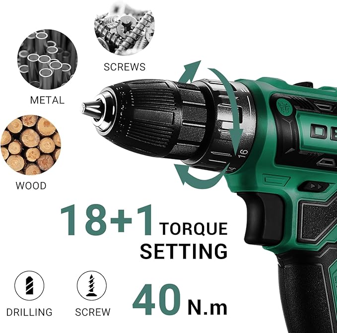 Power Drill Cordless: DEKO PRO Cordless Drill 20V Electric Power Drills Set Tool for Women with Battery and Charger 20 Volt Drills Driver Kit Green