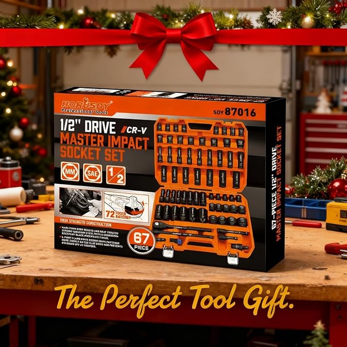 HORUSDY 1/2" Drive Impact Socket Set, 67 Piece, SAE (3/8" to 1-1/4") and Metric (8-24mm), 6 Point, Cr-V, Includes 1/2-Inch Drive Ratchet Handle, Extension Bar, Universal Joint and Adapter