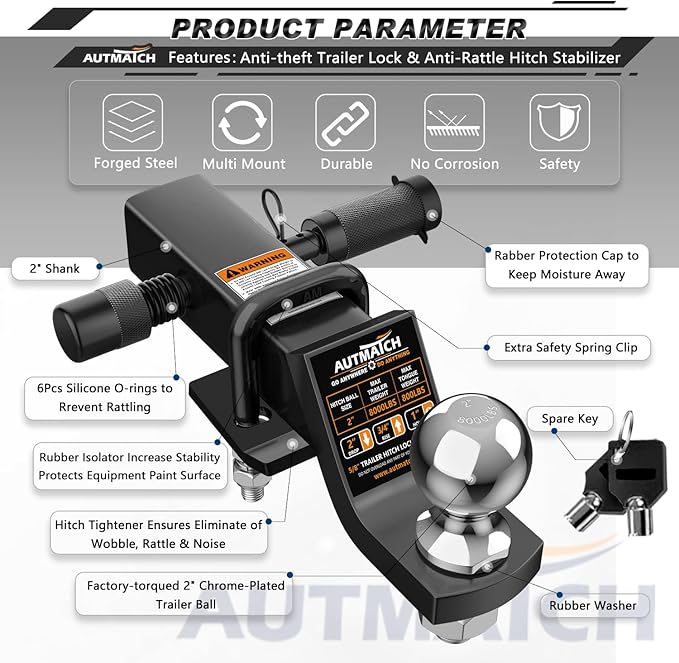 AUTMATCH Trailer Hitch Ball Mount with 2 Inch Hitch Ball - Fits 2" Receiver and 2-Inch Drop Tow Hitch, 8000Lbs Capacity Ball Hitch, Hitch Tightener with 5/8" Anti-Theft Hitch Lock Pin, Black