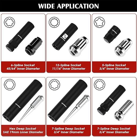 MIXPOWER 8PCS Spline Socket Set,SAE & Metric Lug Nut Key Set for Easy Removal of Locking Lug Nuts on Aftermarket 5, 6, 7, 12 Spline and Hex Style