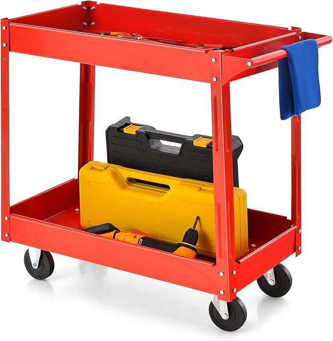 Goplus 2-Tier Utility Cart, Heavy Duty Commercial Service Tool Cart w/Handle, 220 lbs Max Support, Rolling Mechanic Metal Tool Cart Storage Organizer for Home, Garage, Warehouse