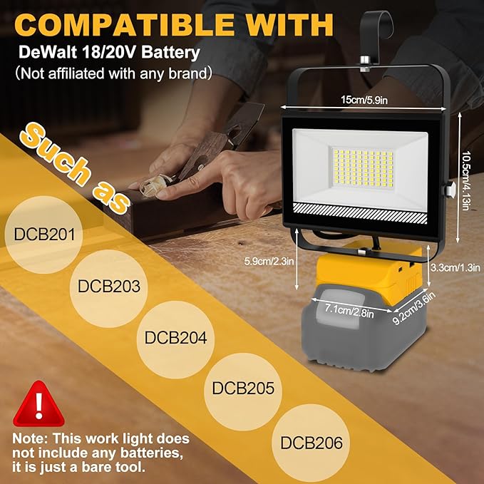 60W 6000LM Cordless Work Light Compatible with DeWalt 20V Battery (Battery Not Included), Portable LED Flashlgiht Flood Light with USB &Type C Charging for Job Site, Emergency, Fishing, Camping