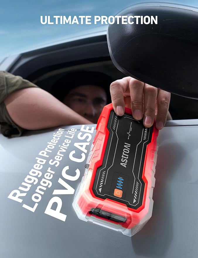 AstroAI S8 Pro Car Battery Jump Starter, 3000A Peak Jump Starter Battery Pack for Up to 9.0L Gas & 7.0L Diesel Engines, 12V Portable Jumper Box with 3 Modes Flashlight and Jumper Cables, Red