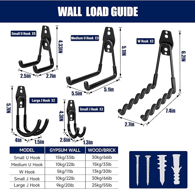 17 Pack Garage Hooks, Garage Wall Hooks with 3 Extension Cord Straps, Garage Heavy Duty Wall Mount Utility Hooks for Hanging Ladders, Garden Tools, Bikes, Hoses, Bulky Items
