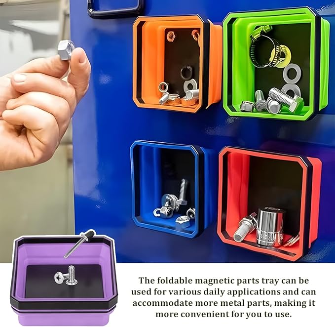 Collapsible Magnetic Car Parts Tray, Foldable Silicone Tool Tray with Magnetic Base, Double-Side Magnet Bowl for Auto Bolts, Screws, Nuts, Small Metal Parts, Universal Fit (Purple)