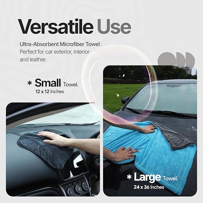 Crystal Clean 1300GSM Microfiber Towels for Cars – XL Drying Towel with Double Twisted Loop, Professional Detailing Towel Car Detailers - Quick Dry, Paint Safe & Swirl-Free (Grey+Blue)