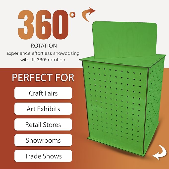 TORCHED DISPLAYS Rotating Display Stand | 22.5 x 16.76-inch | Rotating Organizer Wood Pegboard | Pegboard Display Stand for Craft Shows, Vendor Events, Jewelry, Accessories | Green