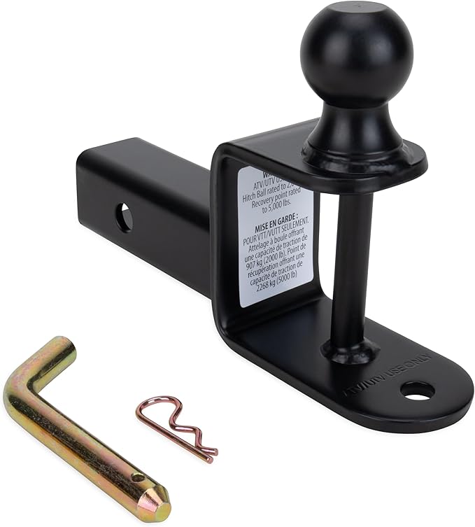 Camco Black Boar ATV/UTV Multi-Hitch – 2” Hitch Ball, 2” Shank, 6” Long – 2” Rise, 2,000 lb Capacity – Winch Strap Loop & 5/8” Pin Hole – Powder-Coated Steel (66025)