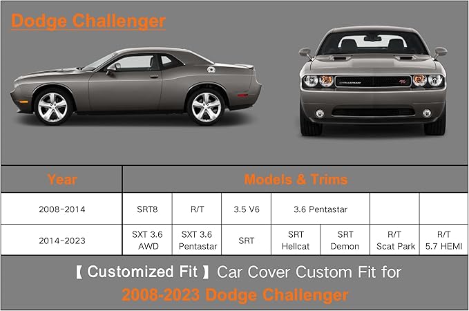 Kayme 7 Layers Car Cover Custom Fit for Dodge Challenger SXT SRT R/T GT Demon Hellcat (2008-2025) Waterproof All Weather for Automobiles, Outdoor Full Cover Rain Sun UV Protection.Black