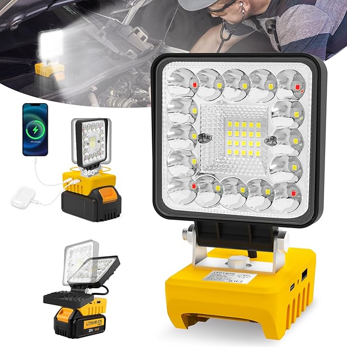 Cordless LED Work Light Compatible with Dewalt 18V 20VBattery, T-SUNiceM 5000LM Flashlight, 20V Battery Flood Work Light 140°Adjust with Low Voltage Protection for Outdoors and Job Site Lighting