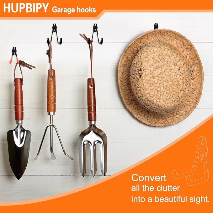 HUPBIPY 26 Pack Garage Hooks Heavy Duty Utility Steel with Anti-Slip Coating Wall Mount Storage Organizer for Hanging Power and Garden Tools, Ladders, Hose, Bikes, Ropes, Bulk Items, and More