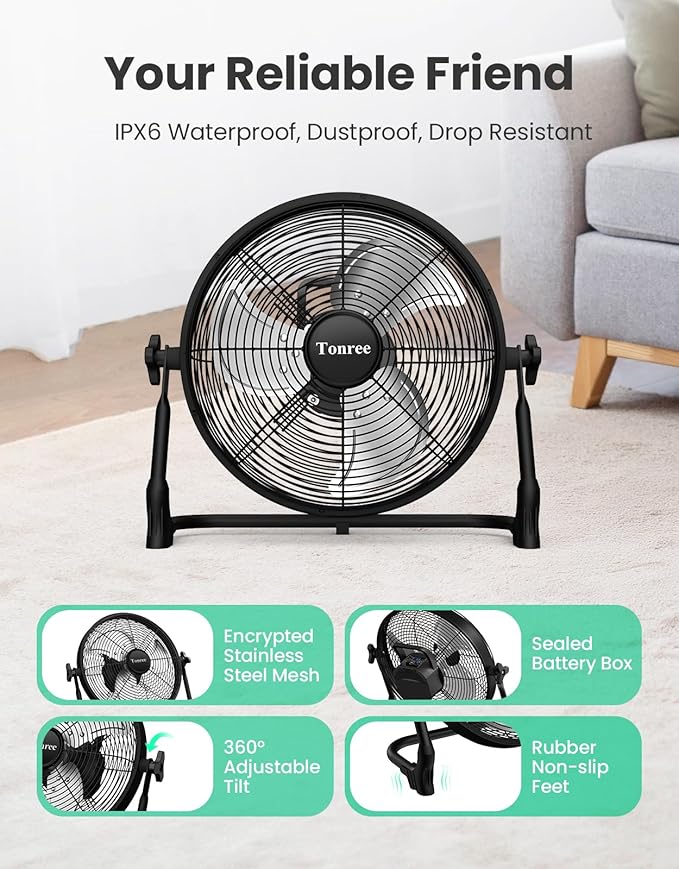 14" Portable Battery Operated Fan, Rechargeable Floor Fan, Hi-Velocity Cordless Camping Fan, USB Phone Charge, 12-60H Runtime, Quiet, Wireless, For Gym Shed Travel Home Outdoor Garage Tent Car Barn