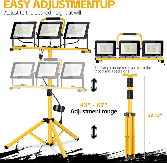21000 Lumen Work Lights with Stand, 3 Adjustable Heads LED Work Lights, with Adjustable and Foldable Tripod Stand, Waterproof Lamp with Individual Switch with 6500 Kelvin Color Temperature (3-Heads)