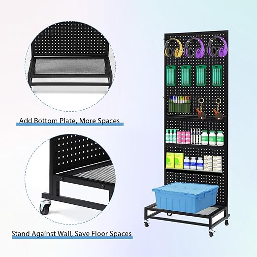 NectaCol Metal Pegboard Display Stand with Baseplate, Two Separately Pegboard Panels, 2'x 5' Standing Pegboard Display with Four Wheels, Peg Board Display Rack, Extra 30 Pieces Hooks (Black)