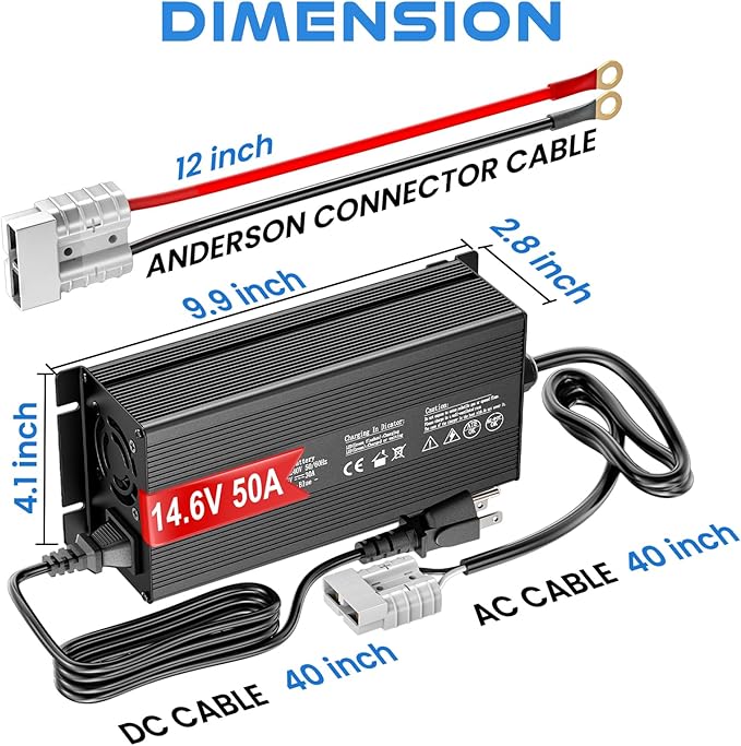 14.6V 50A Lithium Battery Charger, LiFePO4 Battery Charger AC-DC Smart Charger with Anderson Connector LED Indicator Special for 12V/12.8V Deep Cycle Rechargeable Batteries of Car, Truck, Boat, RV