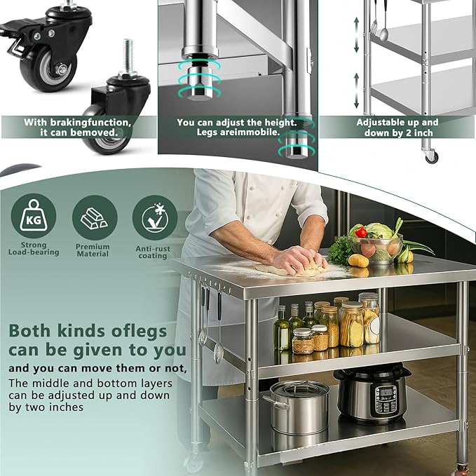 Stainless Steel Table with Wheels for Food Preparation and Work, Multi-Size Optional, Three-Layer Variable Two-Layer Metal Commercial Workbench Outdoor, Restaurant, Kitchen (51" Lx24 Wx34 H)