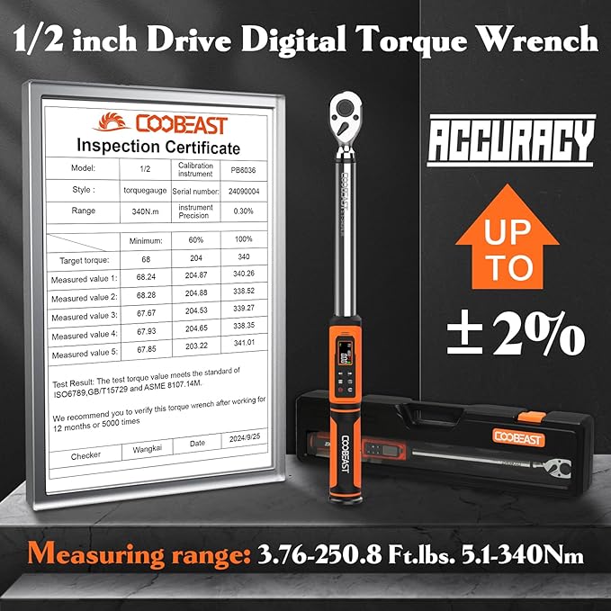 Digital Torque Wrench, 1/2 Drive Electronic Torque Screwdriver with Preset Value(3.76-250.8 Ft.lbs./5.1-340Nm), Buzzer and LED Flash Five Units of Measure Torque Wrench for Motorcycle, Auto Repair