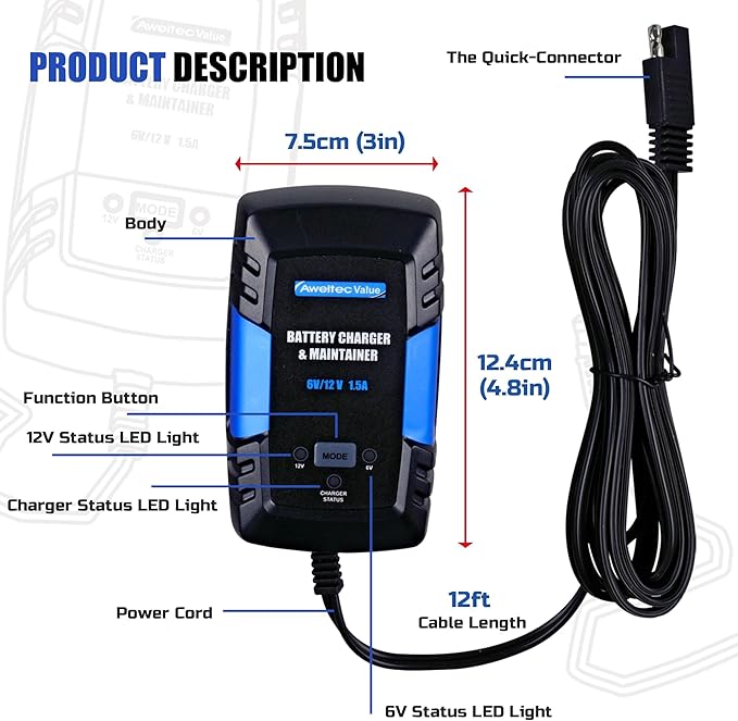 Smart Car Battery Charger,1.5A 6V/12V Automotive Trickle Charger,Tender,Maintainer with Memory Function,LED Light,12FT Cables for Vehicle Lead-Acid & Lithium Batteries