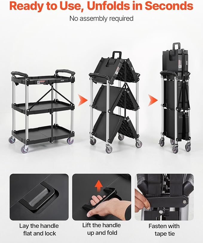 VEVOR Foldable Utility Service Cart, 165LBS 3 Shelf Heavy Duty Plastic Rolling Cart with 360° Swivel Wheels (2 with Brakes), Ergonomic Handle, Portable Garage Tool Cart for Warehouse Office Home