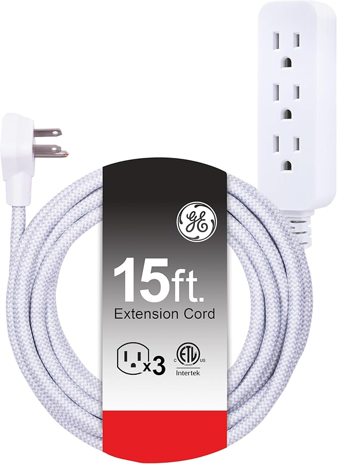 GE 3-Outlet Power Strip 15 Ft Braided Extension Cord with Multiple Outlets Grounded Flat Plug ETL Listed White 40530