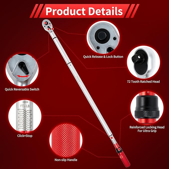 3/4-Inch Drive Click Torque Wrench, Dual-Direction Adjustable 48 tooth 160-1000ft.lb/217-1356Nm, Professional Inch Pound Torque Wrench, for Maintenance Tool and Product Assembly
