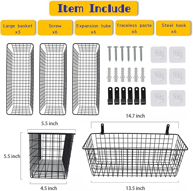 Joben Oligey 3 Set [Extra Large] Hanging Wall Baskets ,Wire Basket For Storage Pantry, Farmhouse Food Storage Kitchen Pantry Laundry Closet Garage RV ,Black