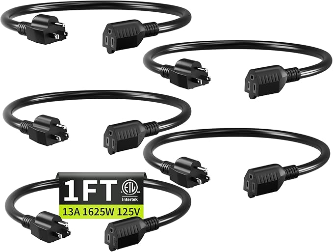 Short Extension Cord 1FT 5 Pack,16 AWG Black Power Cord Indoor for Laptops,Coffee Makers,Office Home Appliances,3 Prong Small Extension Cable Outlet Saver,13A 125V 1625W,ETL Listed.