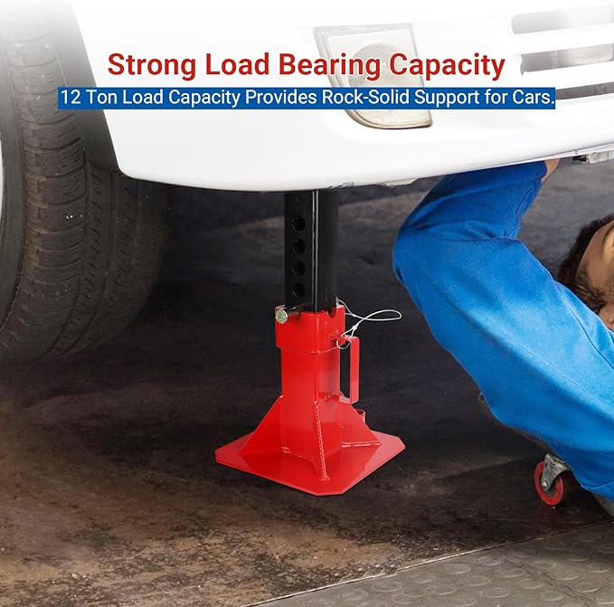 Heavy Duty Pin Type Professional Car Jack Stand with Lock, Automotive Jack Stands for Supporting Trucks Trailers Car, Adjustable Height 11"-18", 12 Ton (26,400 Lb) Capacity, Red, 1 Pair