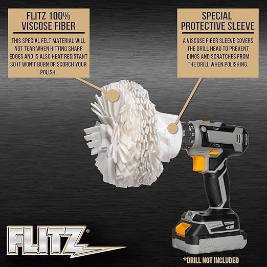 Flitz Buff Ball w/ 1.76oz Metal Polish Paste - 7in Drill Buffer Polisher Attachment for Any 3/8in Drill - Self-Cooling, Washable Polishing Ball to Buff, Shine, & Protect All Metals, Plastics (1 Pack)